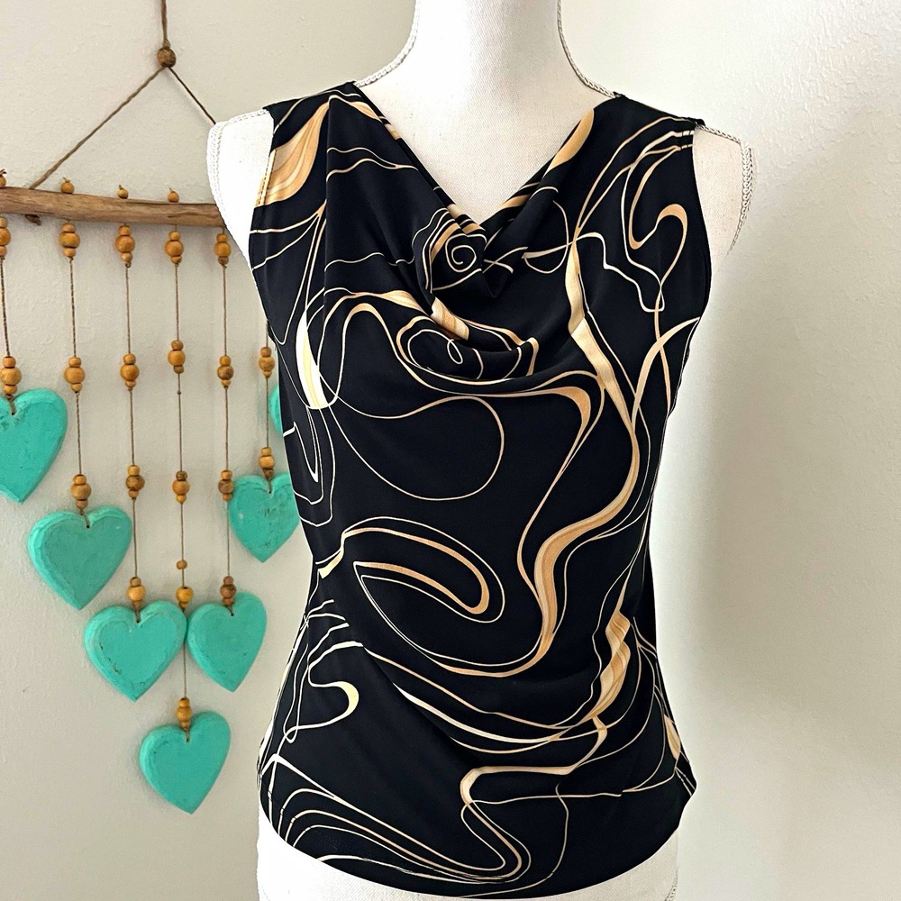 90s black tan swirl print stretch sleeveless blouse y2k mom club S stretch